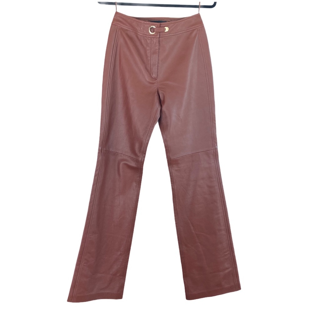 Escada Cognac Leather Pants Gold Buckle 36